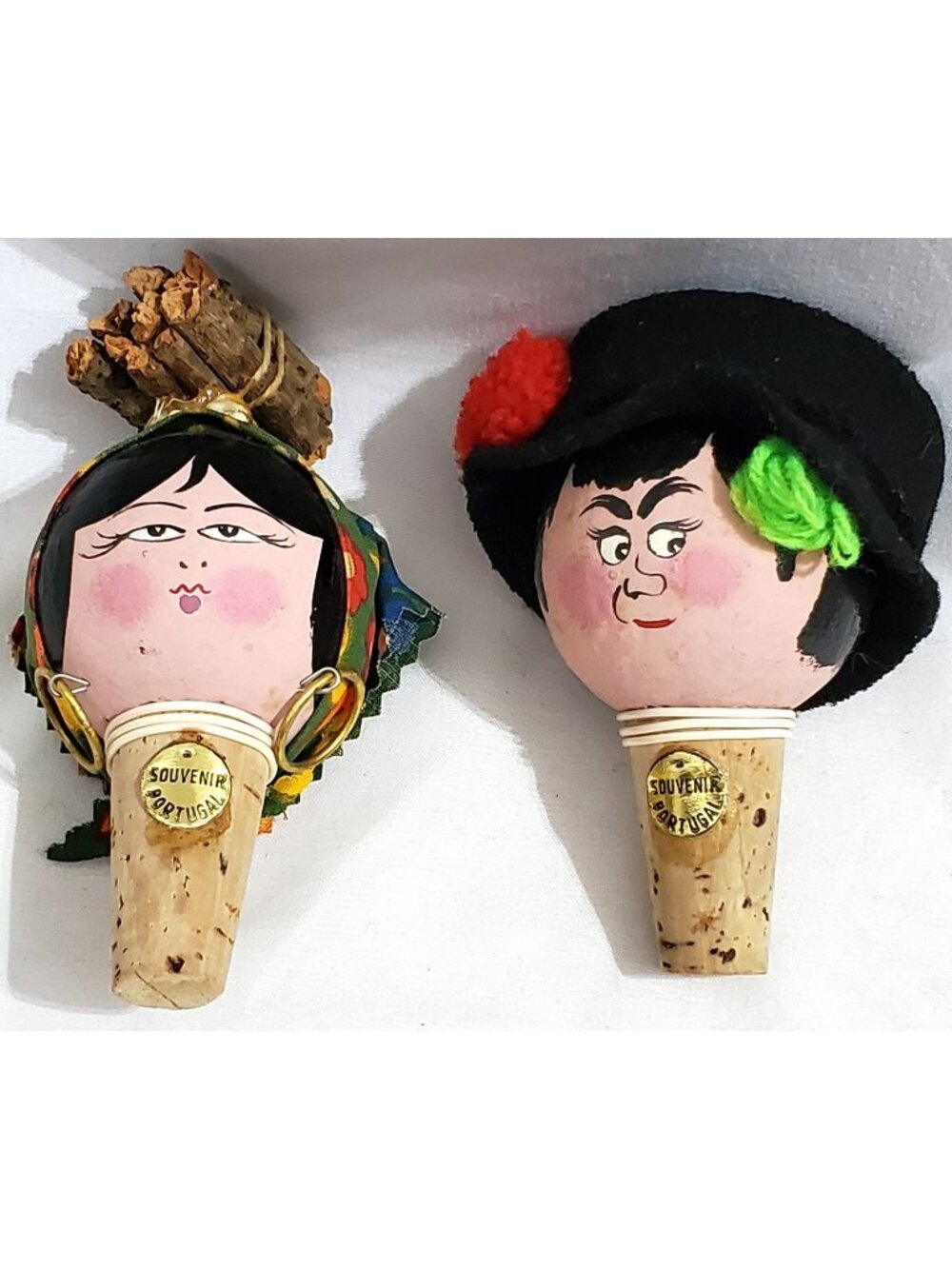 Set of 2 cork WINE BOTTLE STOPPERS man woman bar figures Souvenir of Portugal